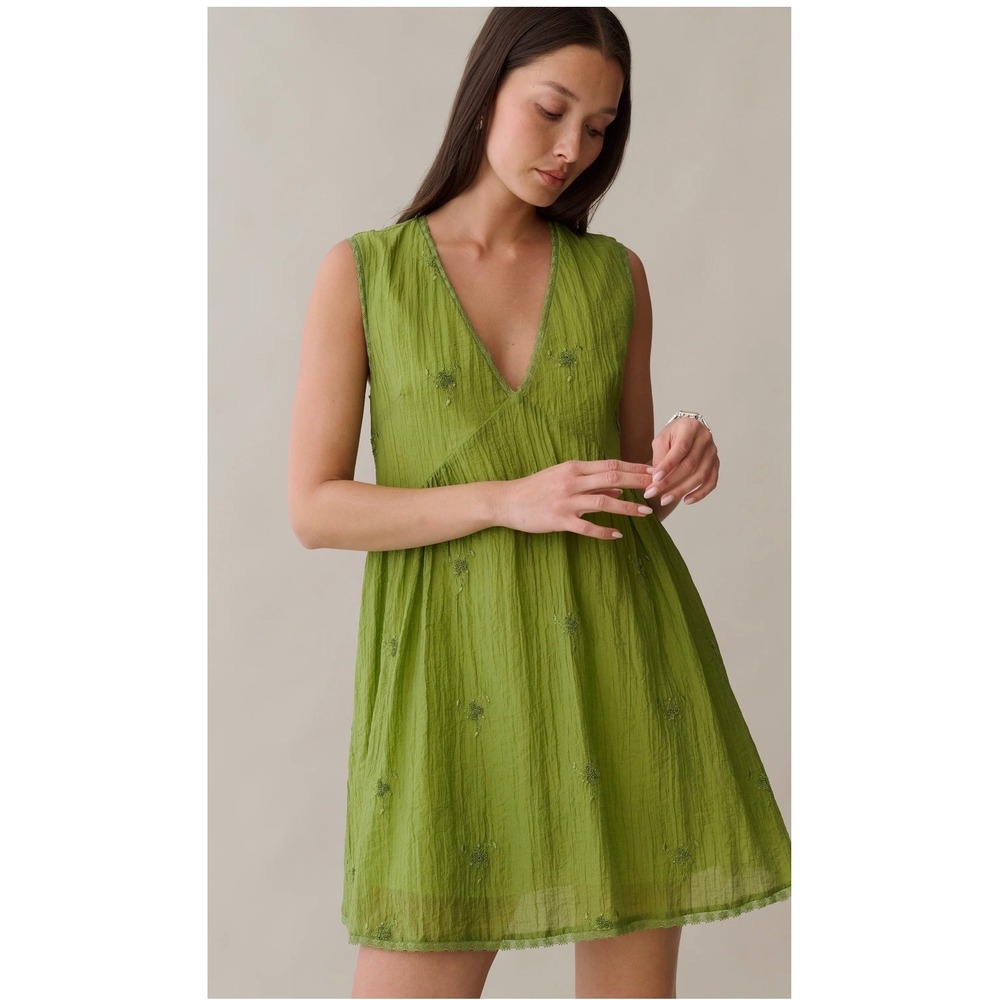 Few Moda Kourt Women Green Embroidered Lace Trim V-Neck Mini Dress Size M